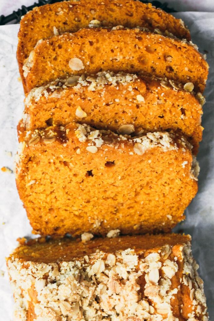 Top down shot of pumpkin bread sliced.