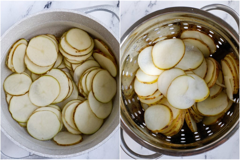 top down shot of potato slices in a colander.