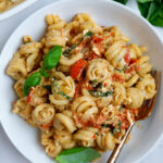 Overhead photo of a baked feta pasta in a bowl.