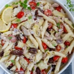 Top down shot of tuna pasta salad recipe in a bowl.