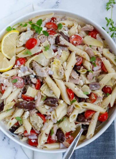 Top down shot of tuna pasta salad recipe in a bowl.