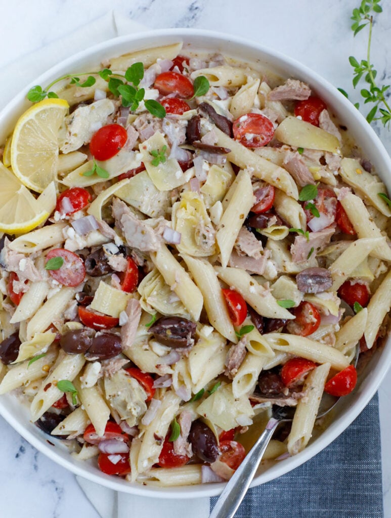 Top down shot of tuna pasta salad recipe in a bowl.