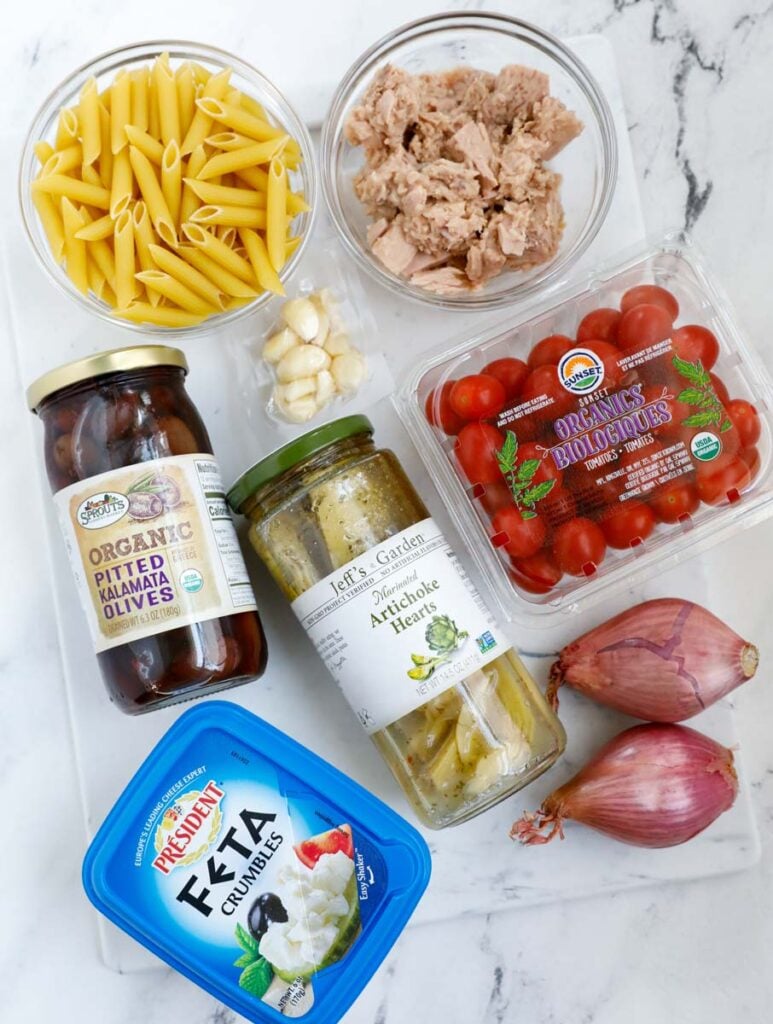 Overhead shot of ingredients for pasta salad. 