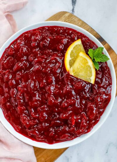 top down view of cranberry sauce served in a while dish