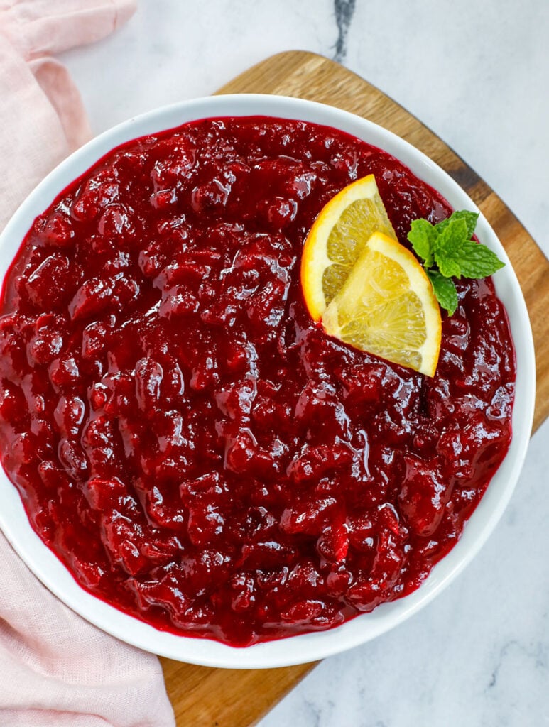 top down view of cranberry sauce served in a while dish