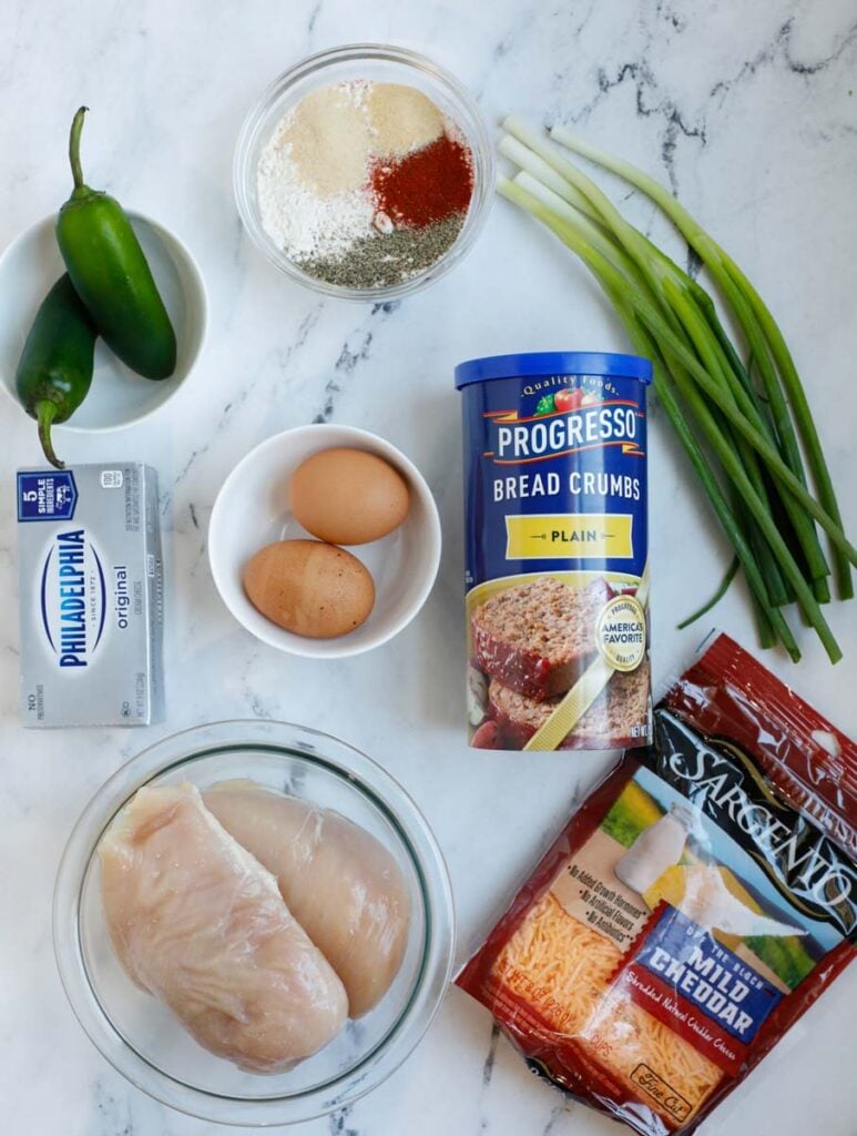 Top down view of ingredients for jalapeno popper chicken.