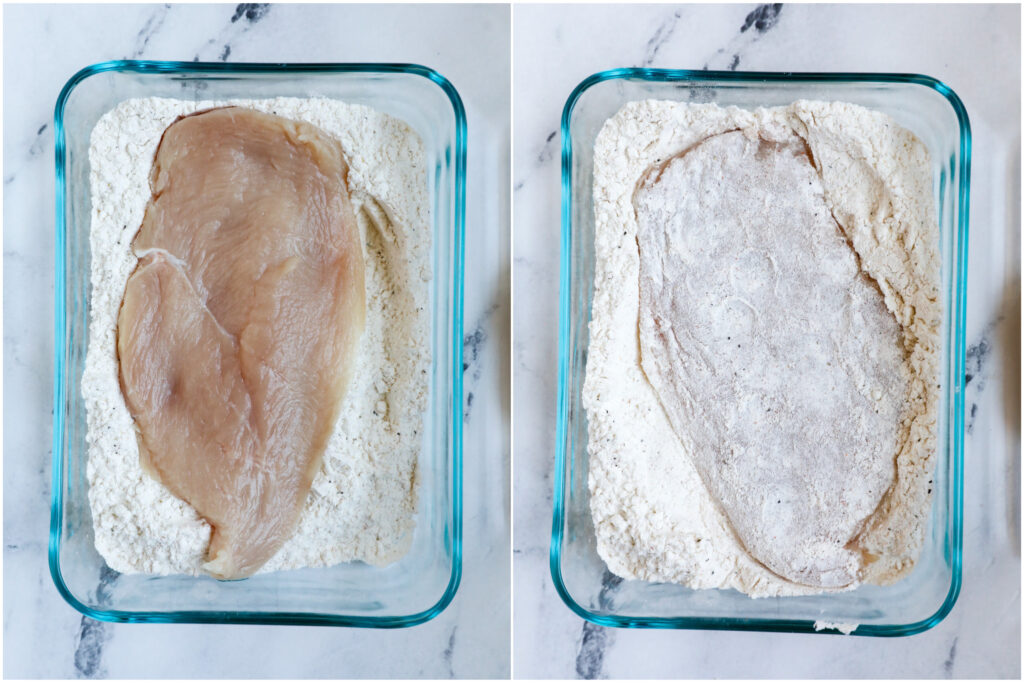 Top down shot of chicken in flour.