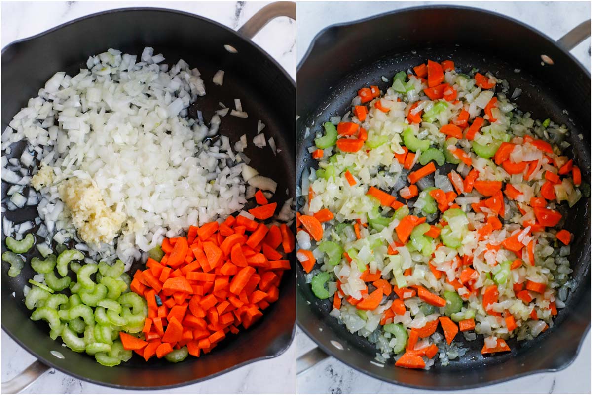 Set of two photos of vegetables being sauted in a pot.