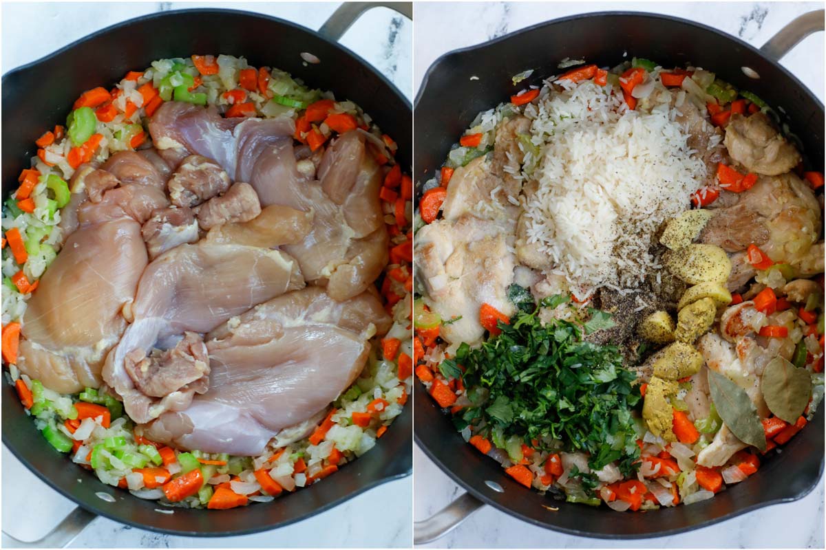 Set of two photos of sauteing chicken thighs with vegetables and then adding in seasoning and rice.
