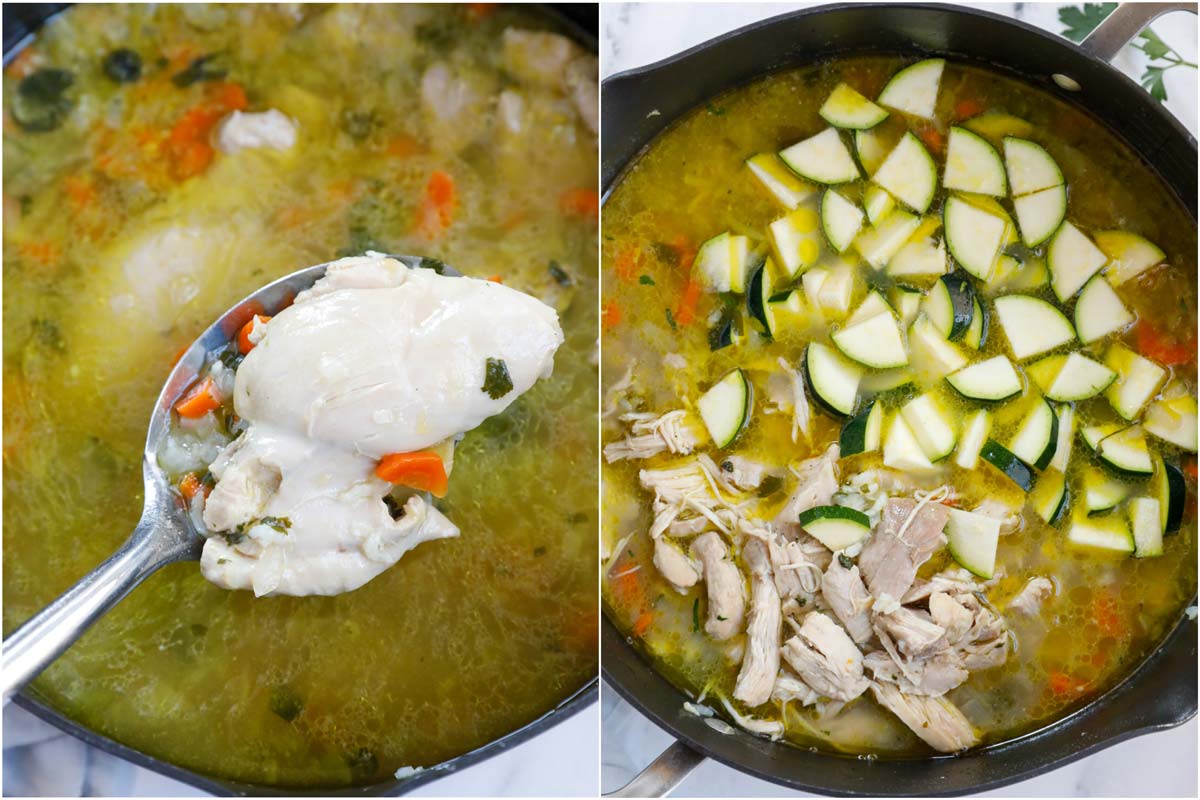 Set of two photos of chicken being removed from a pot and then shredded and added back in.