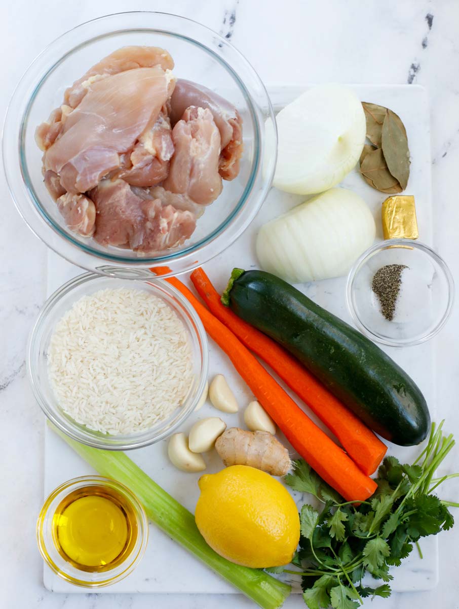 Ingredients for lemon chicken rice soup.