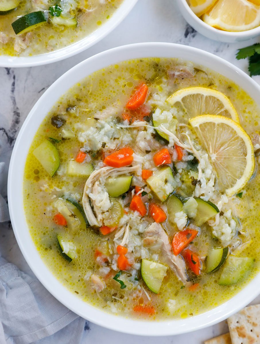 Overhead photo of lemon chicken rice soup in a bowl.