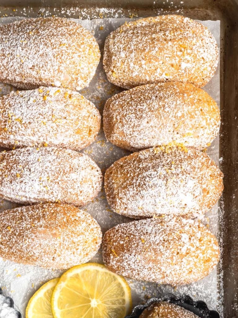 Close up of lemon madeleines on a sheet pan with powdered sugar dusted over top.