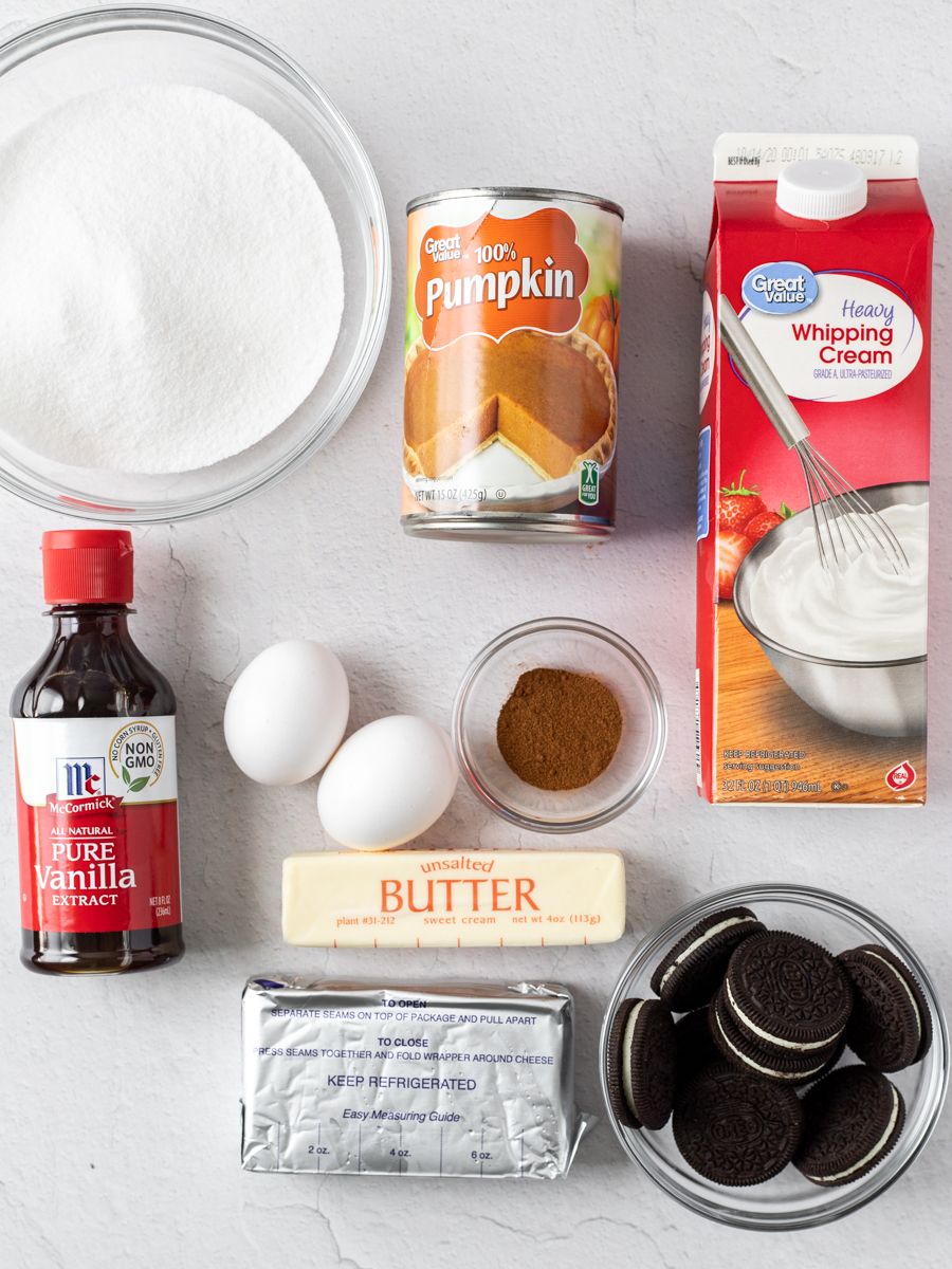 Top down shot of ingredients for mini pumpkin cheesecakes.