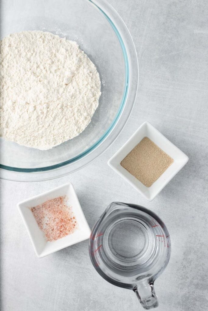 Overhead image of ingredients for no knead bread.