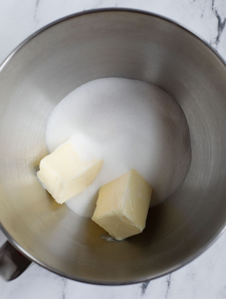 butter and sugar in a mixing bowl