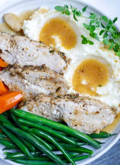 close up of sliced turkey breasts on a plate with sides