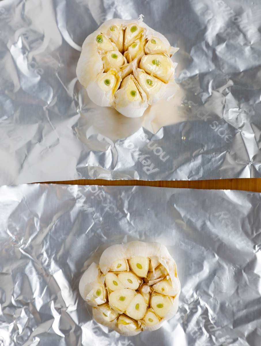 whole garlic, top sliced with drizzle of olive oil