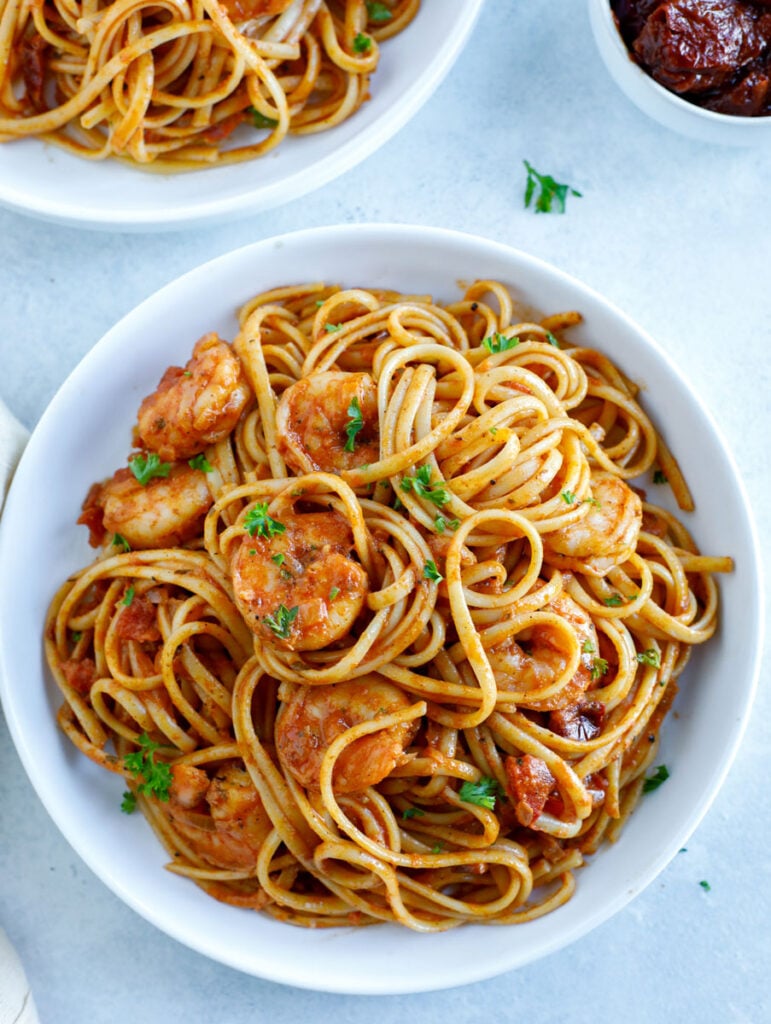 Overhead shot of spicy shrimp pasta.