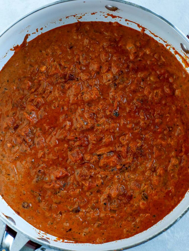 Top down shot of spicy pasta sauce in a skillet.