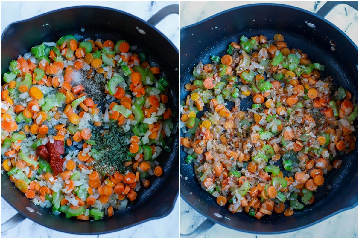 Set of two photos showing spices added to vegetables and mixed.