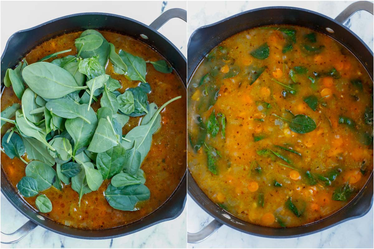 Set of two photos showing spinach being added into a soup and then stirred.