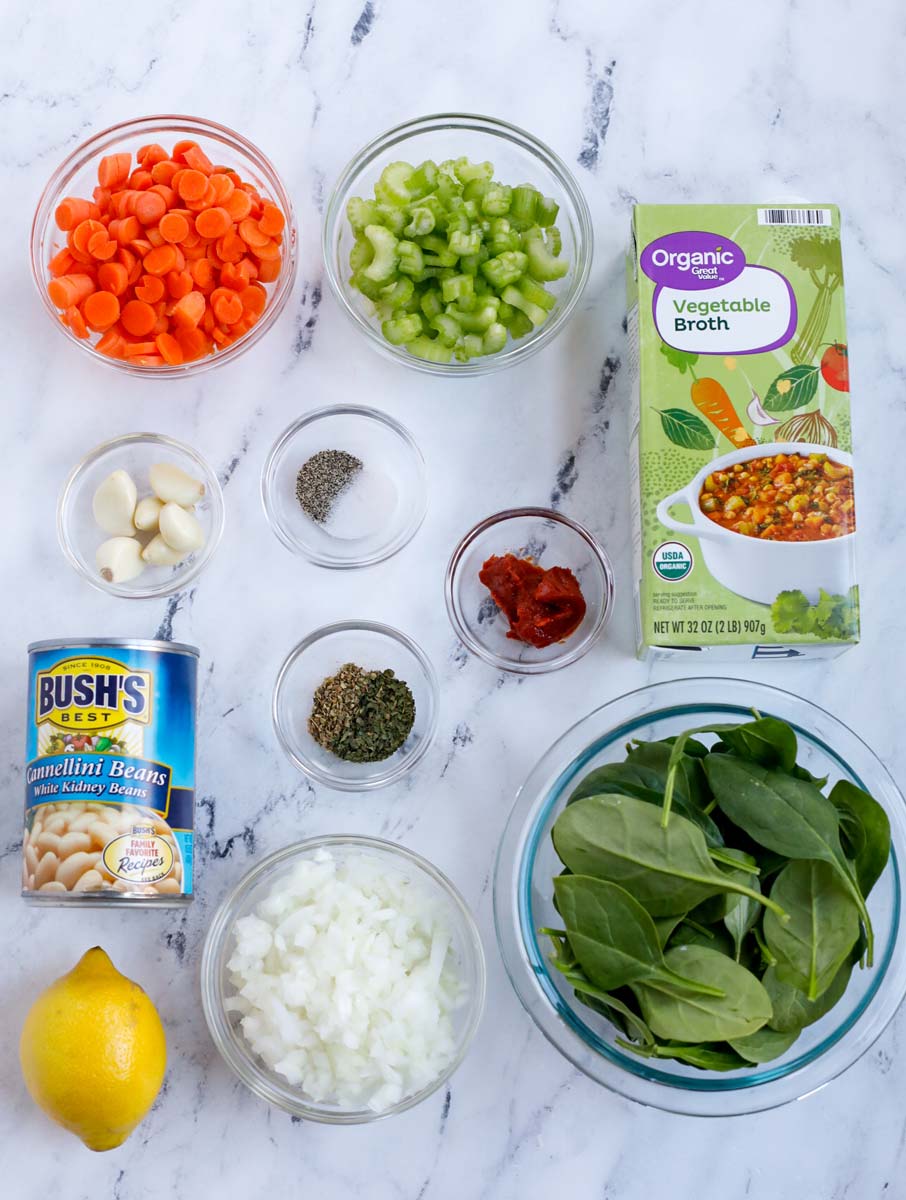 Top shot of ingredients needed to make Tuscan white bean soup.