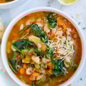 Tuscan white bean soup in a bowl.
