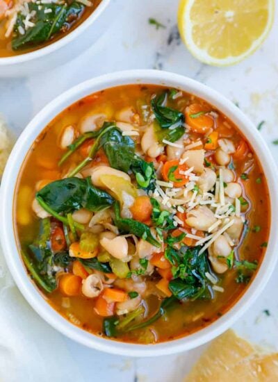 Tuscan white bean soup in a bowl.