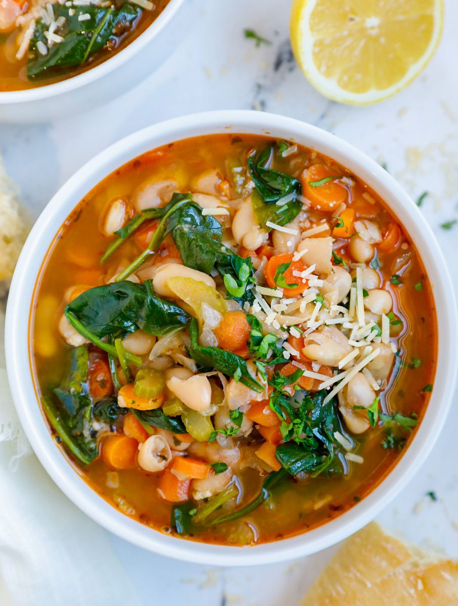 Tuscan white bean soup in a bowl.