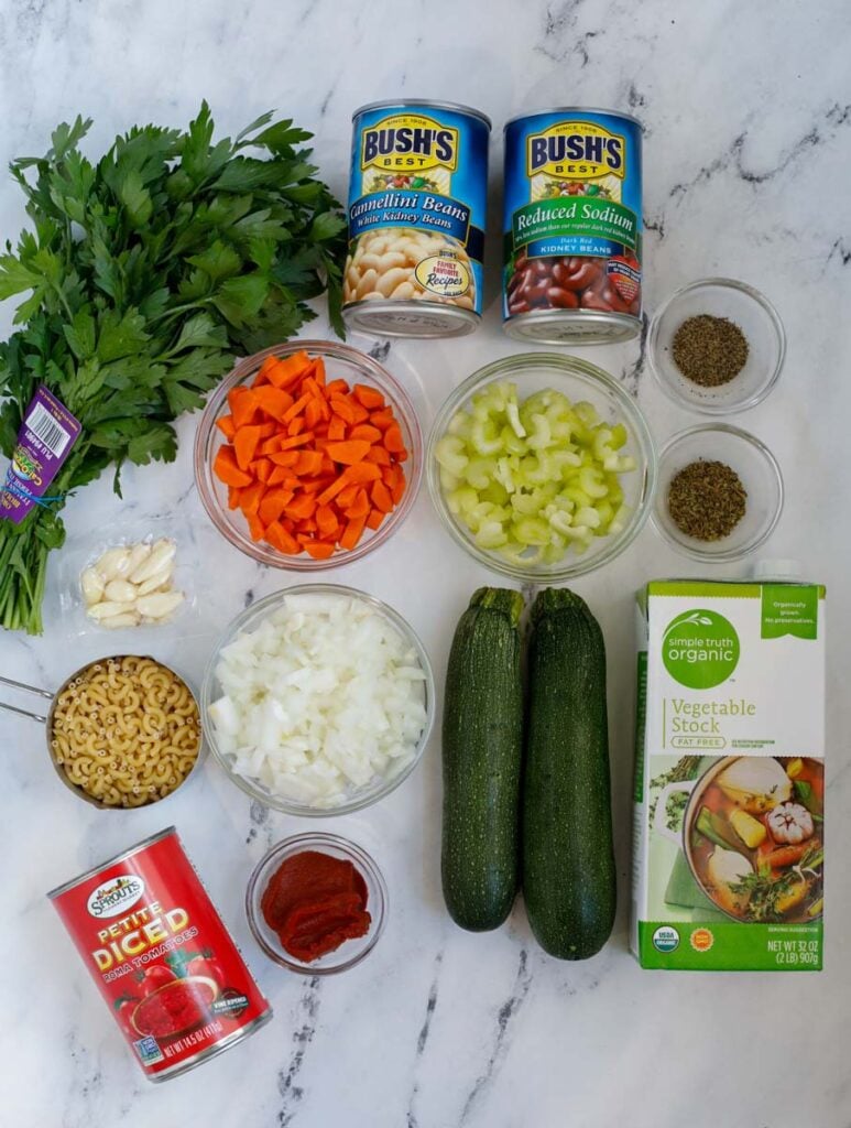 Top down shot of vegetable minestrone soup.