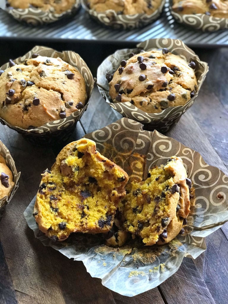 Chocolate Chip Pumpkin Muffins broken open