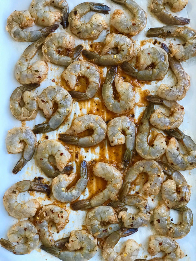 marinated shrimp on parchment paper 