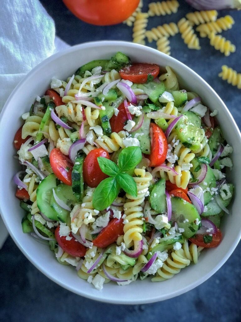 Greek Pasta Salad with lemon vinaigrette 