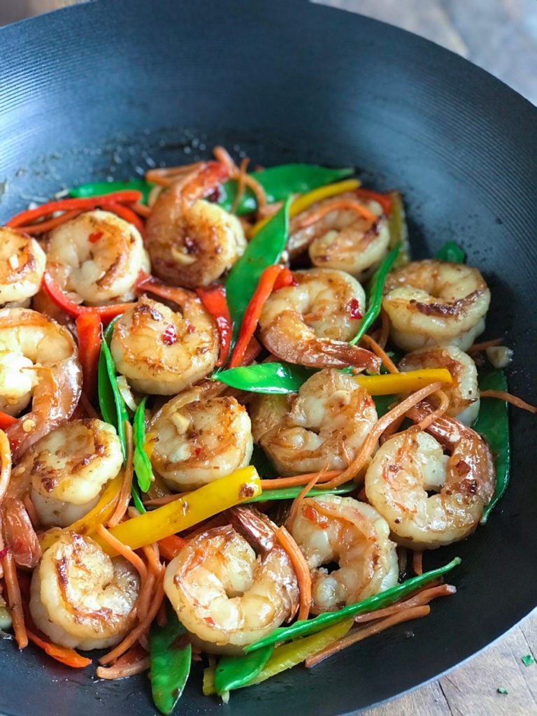 Sweet and Chili Shrimp Stir fry close up of Sweet and Spicy Shrimp in a wok