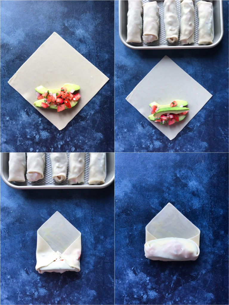 montage showing how to fold Avocado Egg Rolls