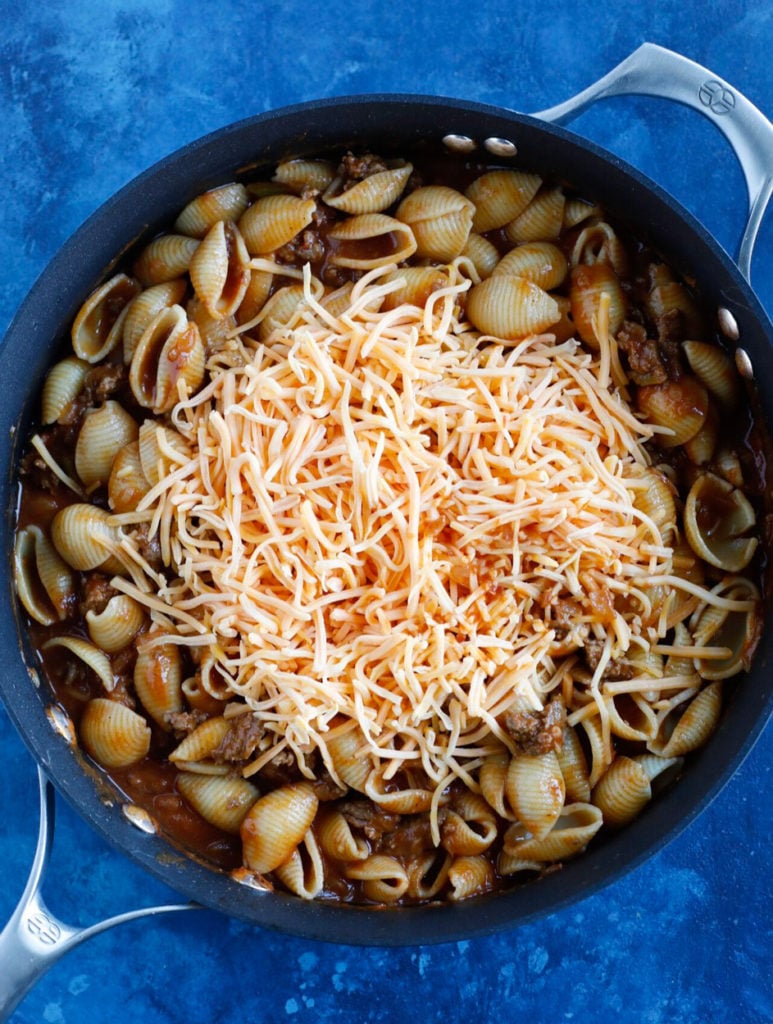 shredded cheese on beef taco pasta recipe