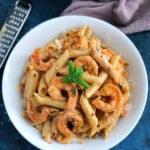 top down shot of creamy shrimp in a bowl
