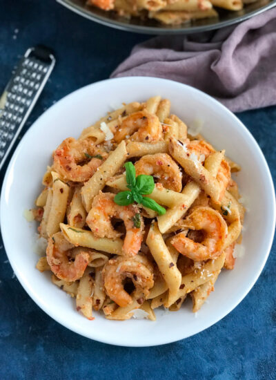 top down shot of creamy shrimp in a bowl