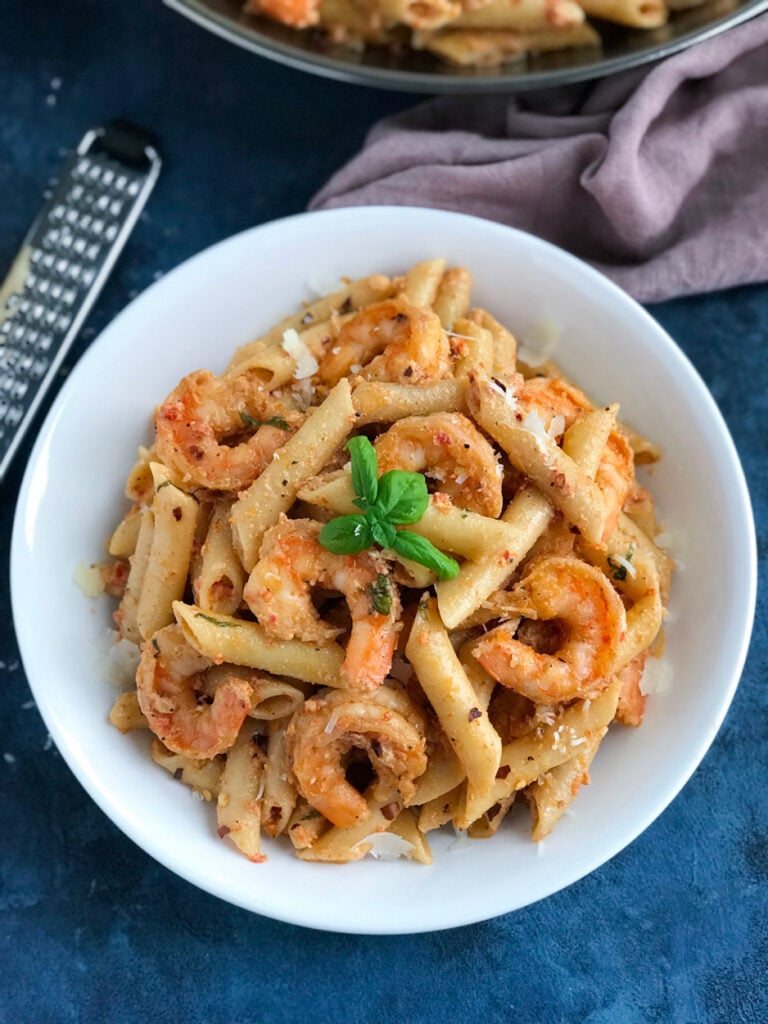 top down shot of creamy shrimp in a bowl