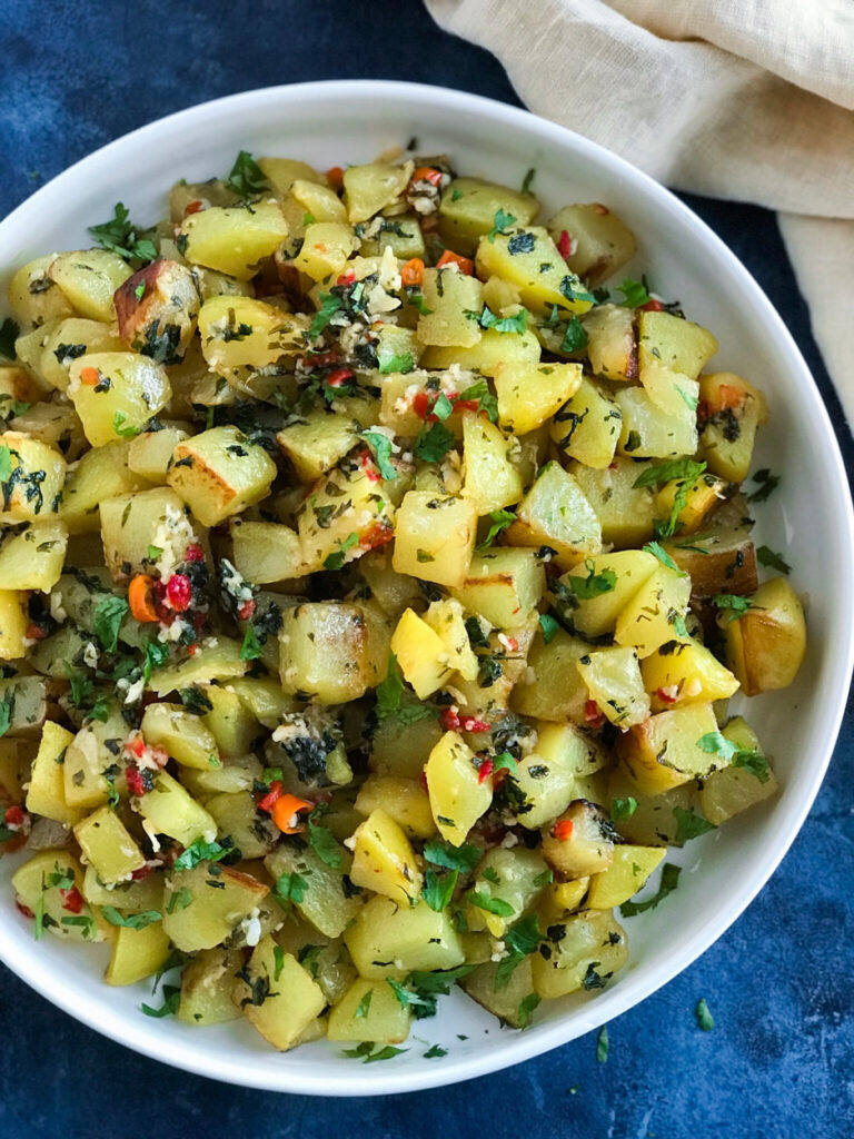 Lebanese Spicy Potatoes in a white bowl