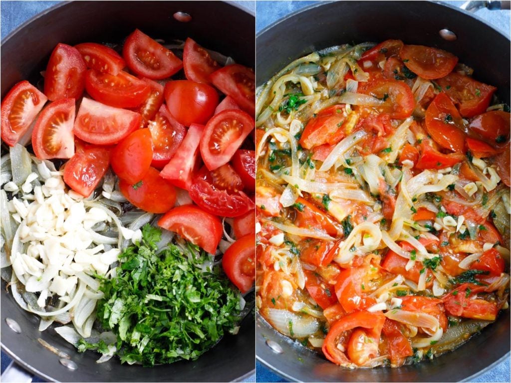 Two shots showing the vegetables being sautéed