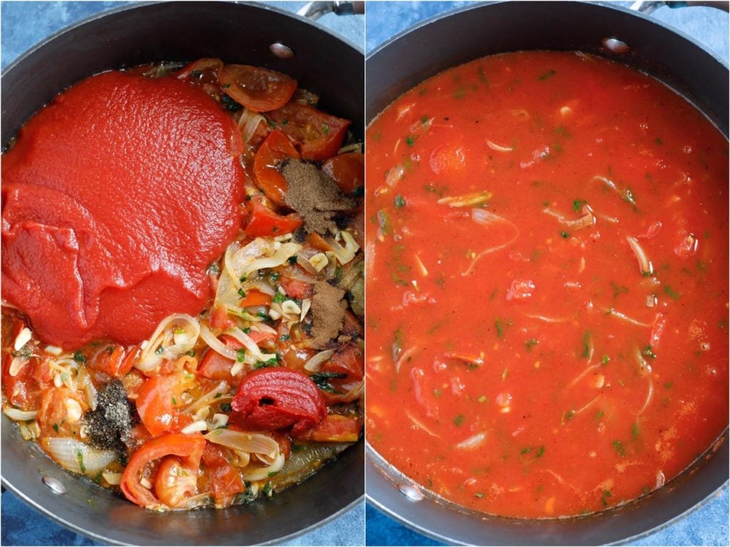 Tomato paste added to the vegetables and cooked into a sauce