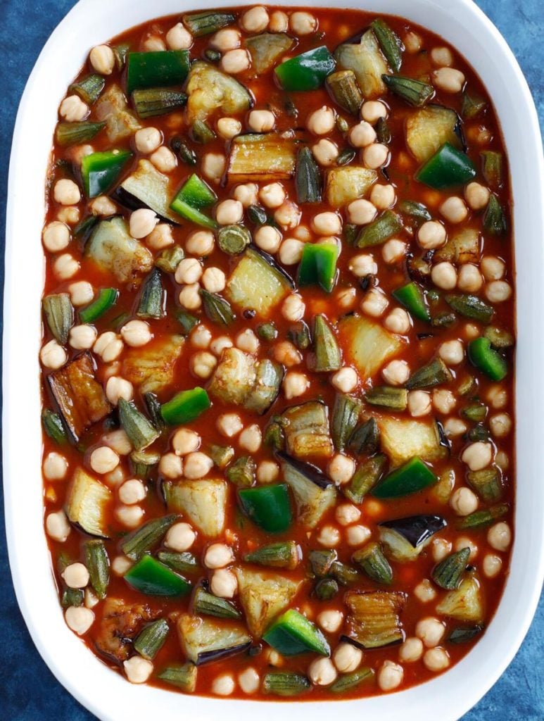 Maghmour in a white baking dish before being baked in the oven