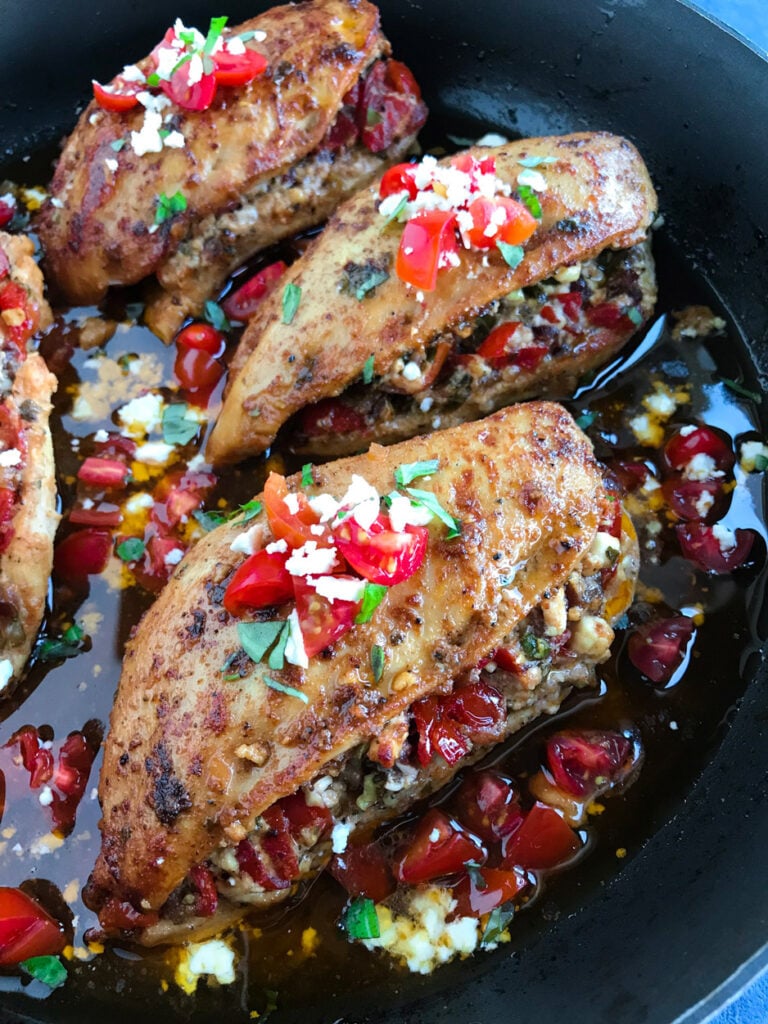 Bruschetta Stuffed Chicken in a pan