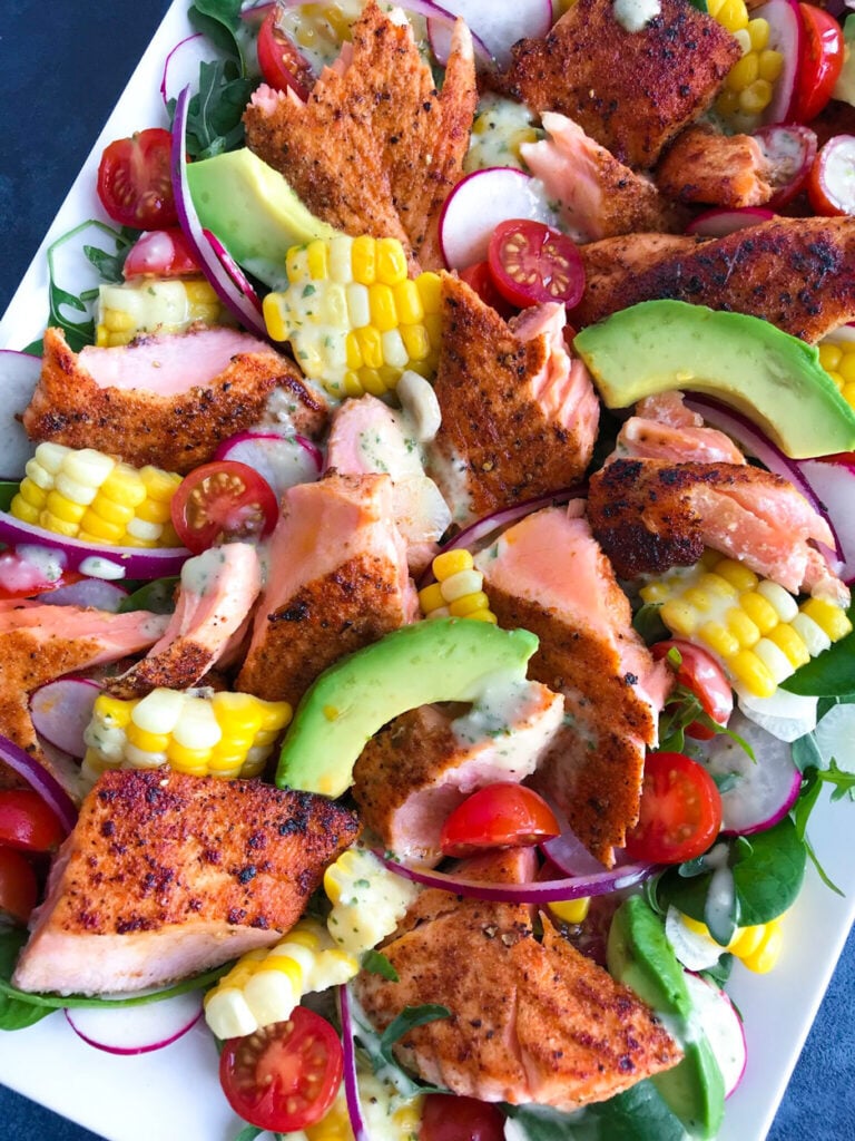 Spicy Salmon Salad overhead shot of salad