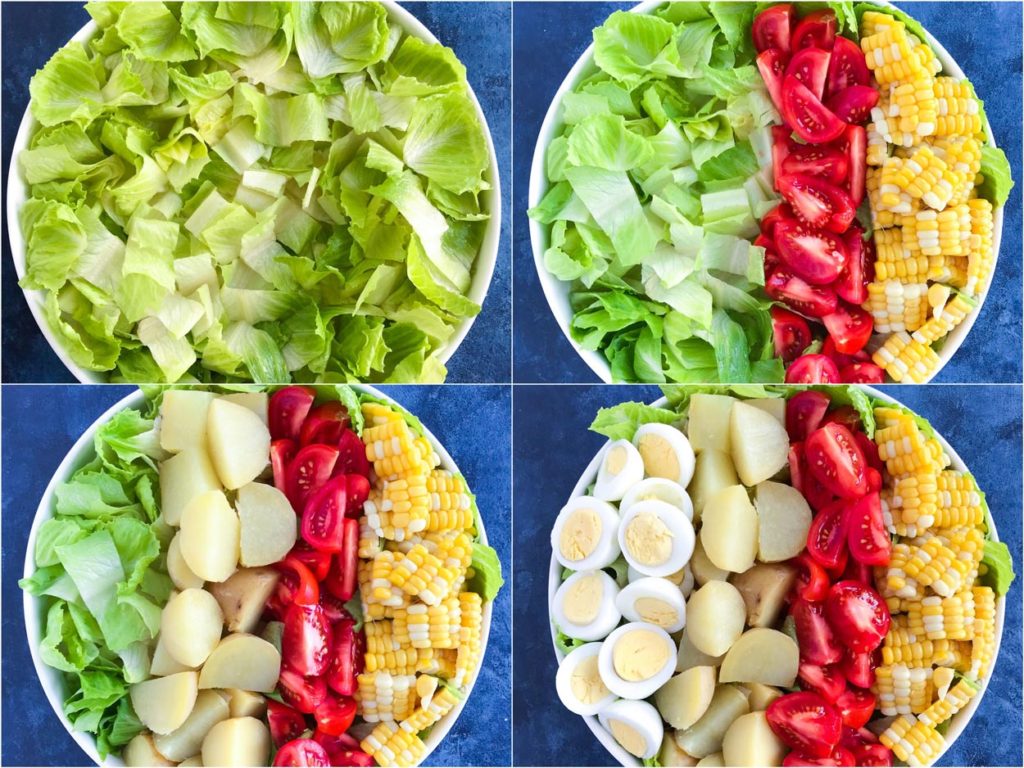 Four shots to show how to build the salad