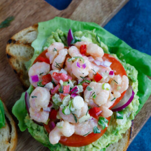 Shrimp Salad toast with tomatoes