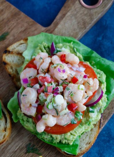 Shrimp Salad toast with tomatoes