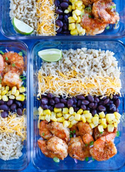 Overhead shot Shrimp Taco Meal Prep bowls.